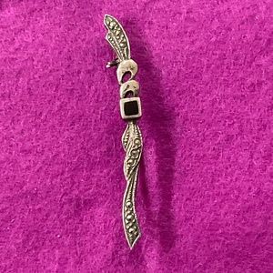 Antique Sterling Mourner’s or Bar Brooch  Square Onyx and Crystal Stamped 925